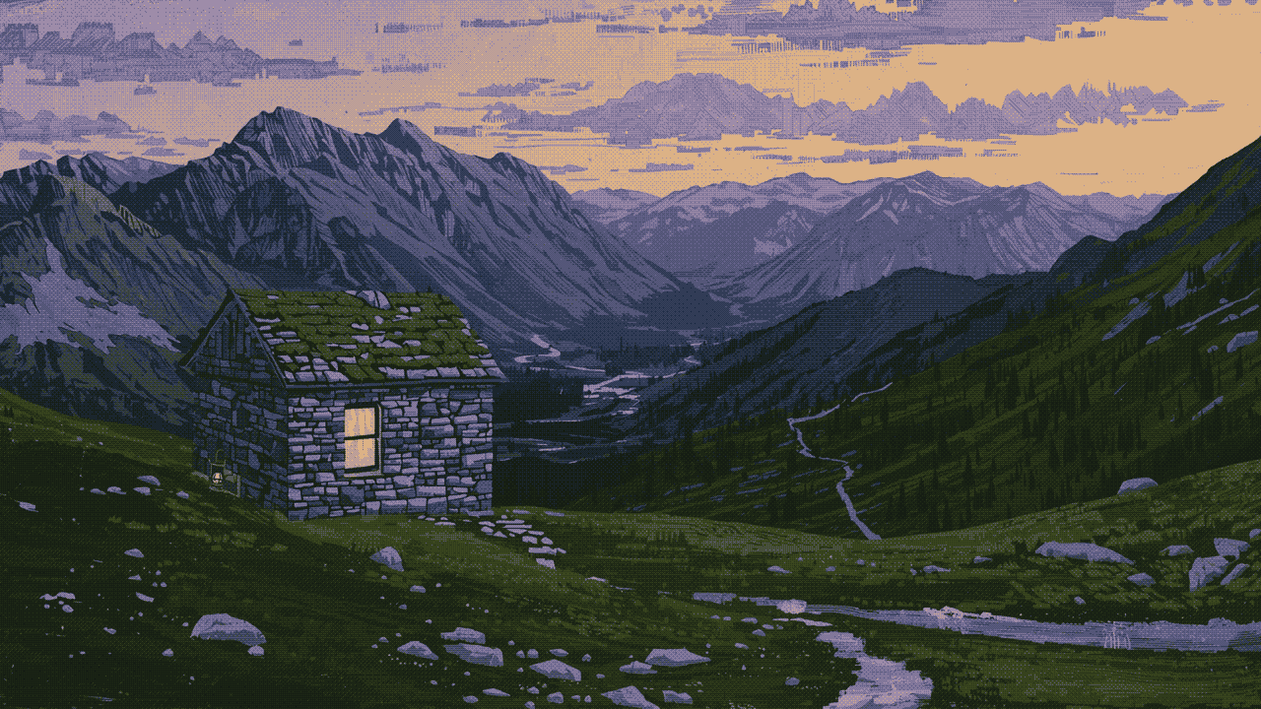 A stone bothy with one lit window in a mountain valley at dusk