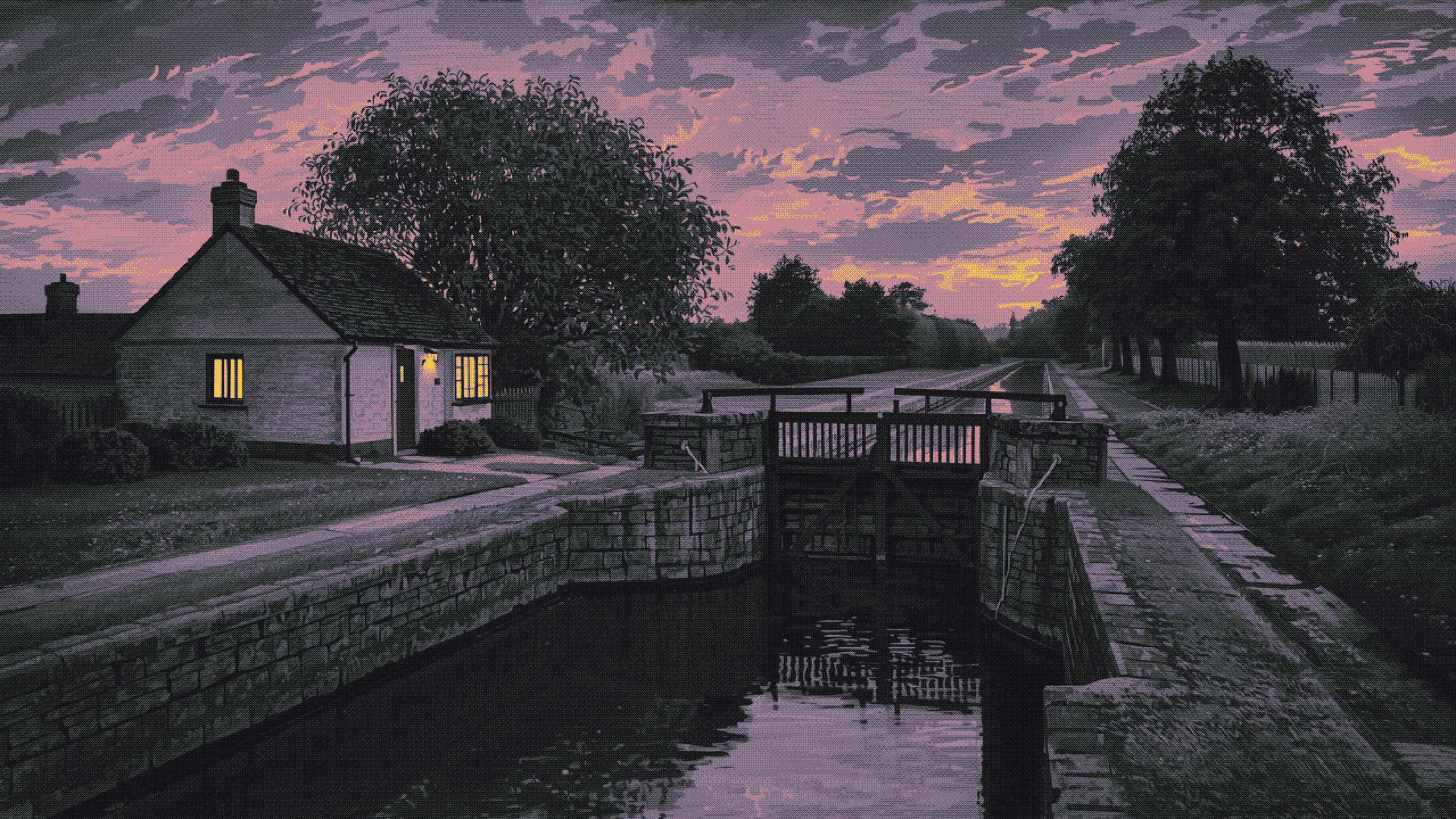 A lock keeper’s cottage beside closed lock gates on a canal at dusk