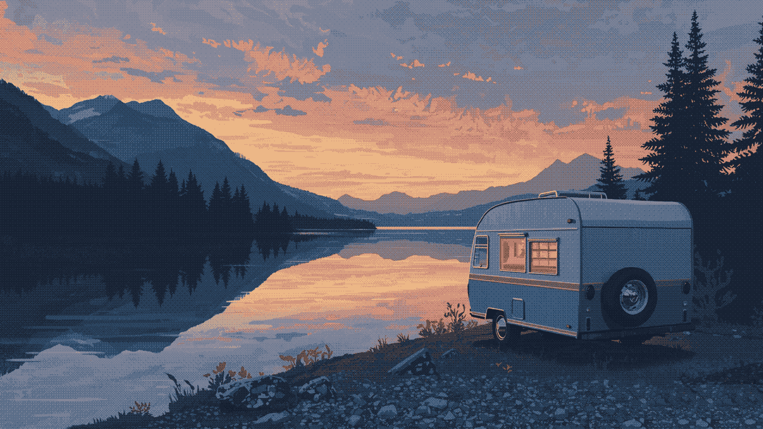 A caravan with lit windows on the shore of a mountain lake at dusk