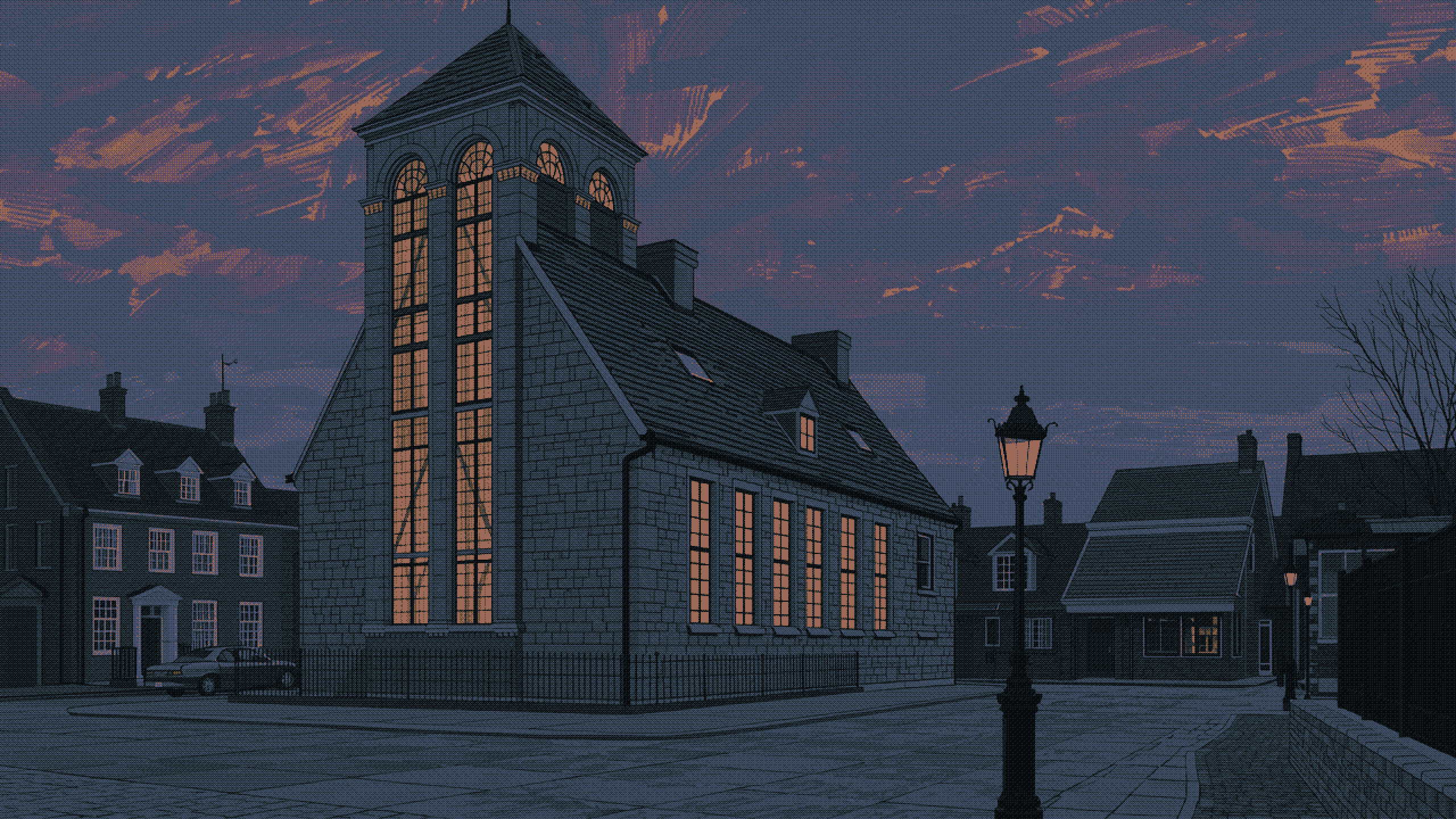 A stone chapel with tall lit windows on a quiet square at dusk