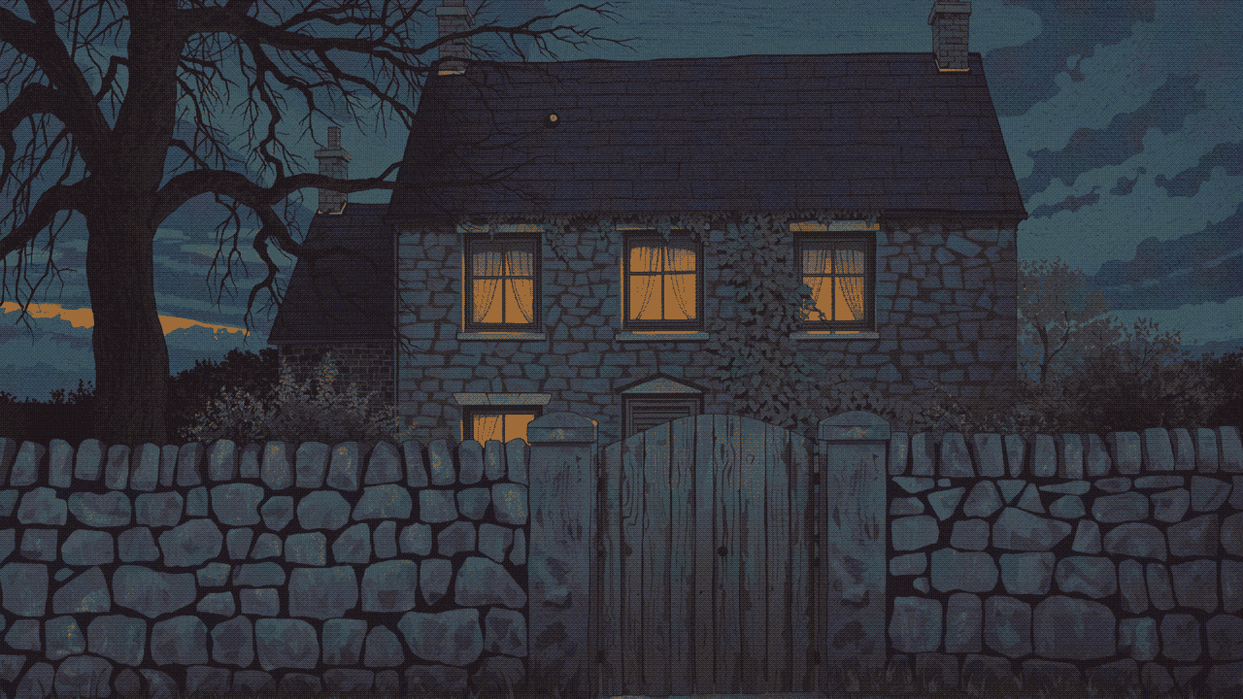 A stone cottage with lit windows behind a dry stone wall at dusk