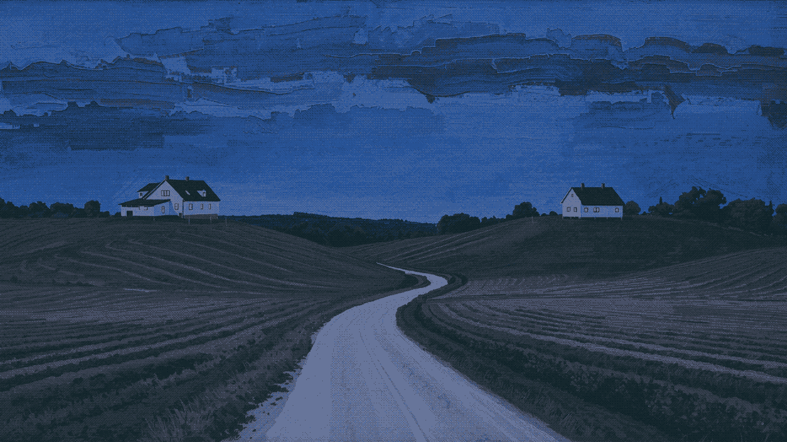Two farmhouses facing each other across a valley at dusk, a pale road between them