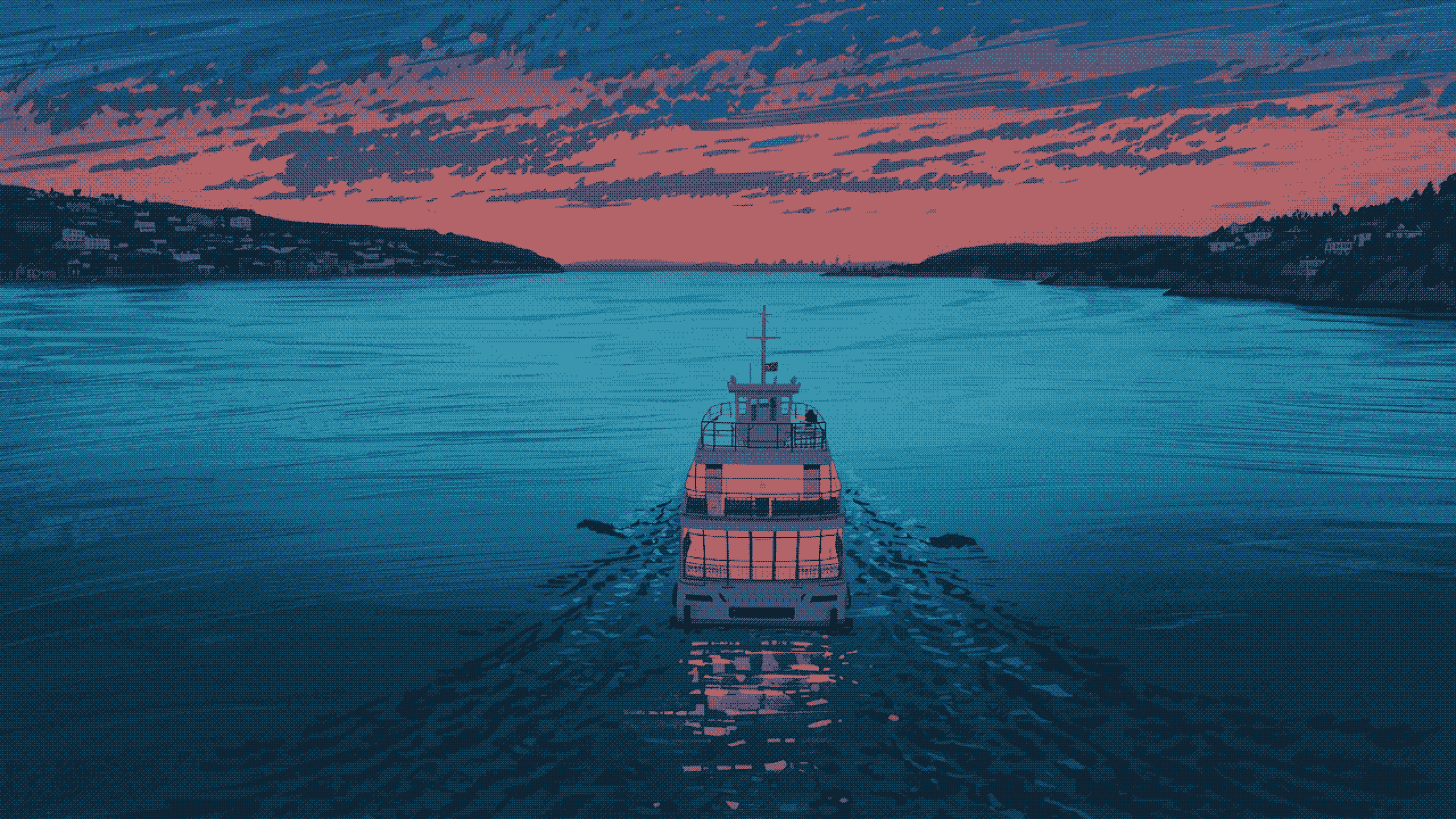 A ferry crossing a wide bay towards a distant harbour town at dusk