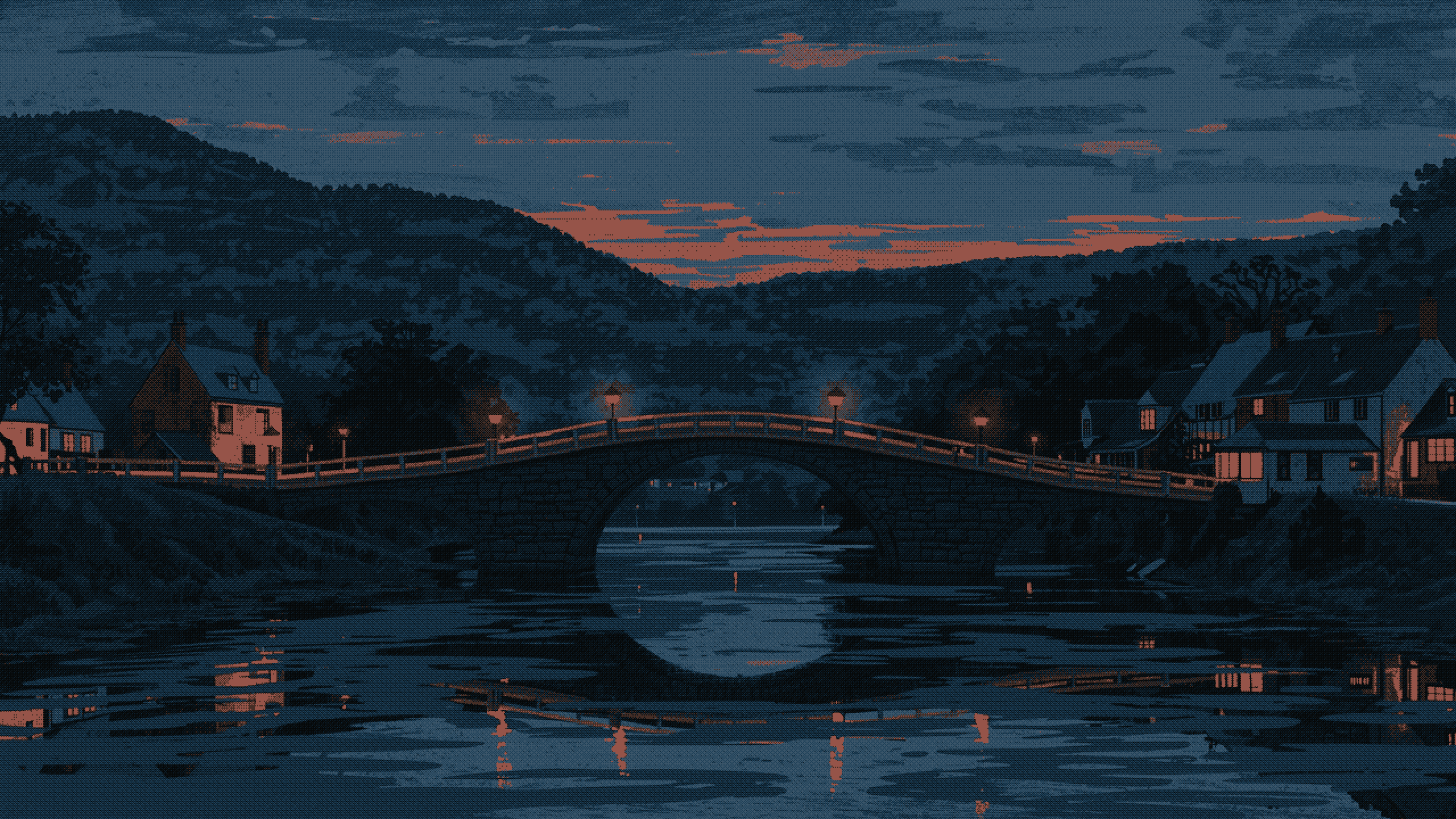 A stone footbridge hung with lanterns between two villages at dusk
