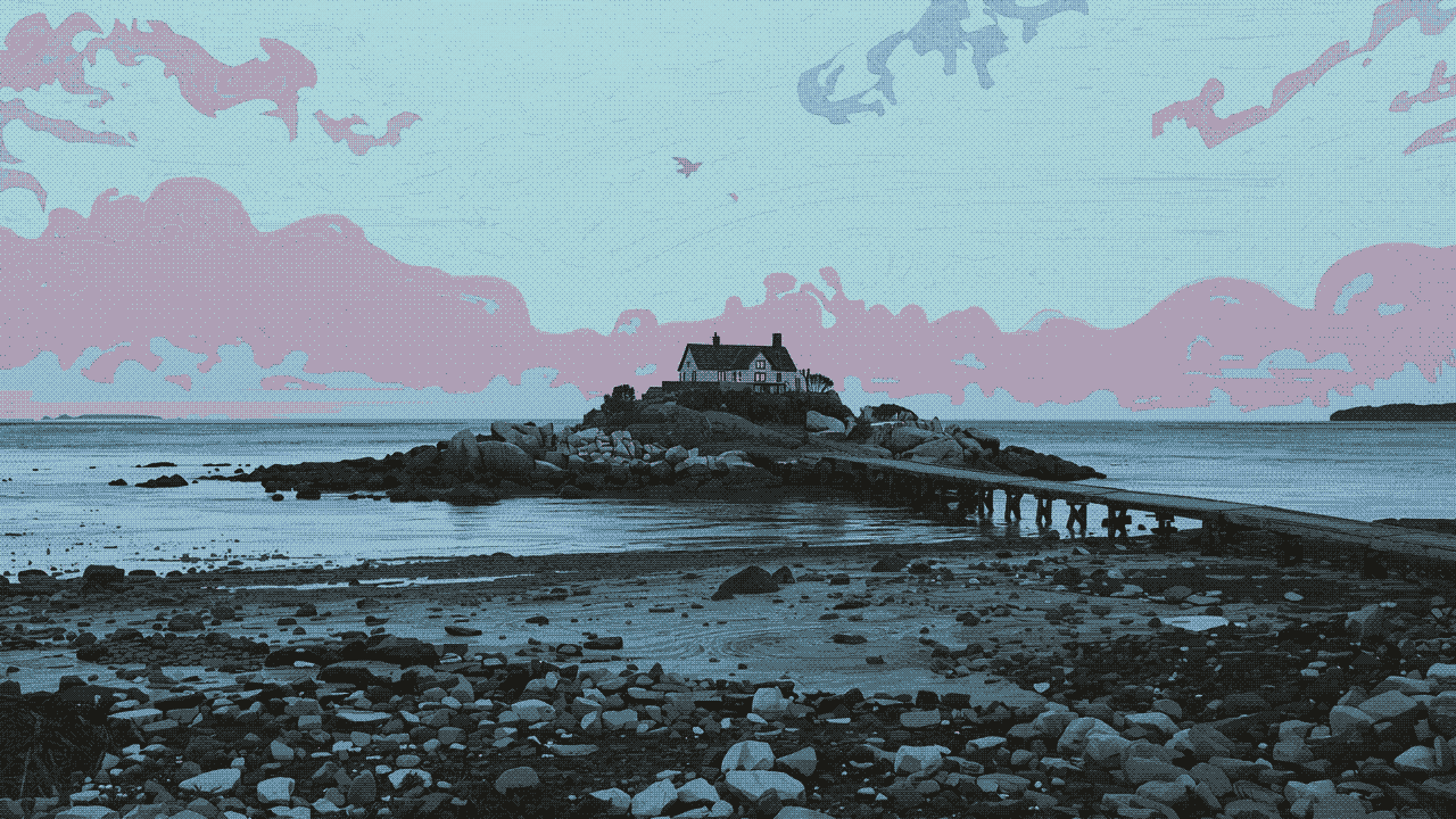 A cottage on a small rocky island across a calm sea at dusk