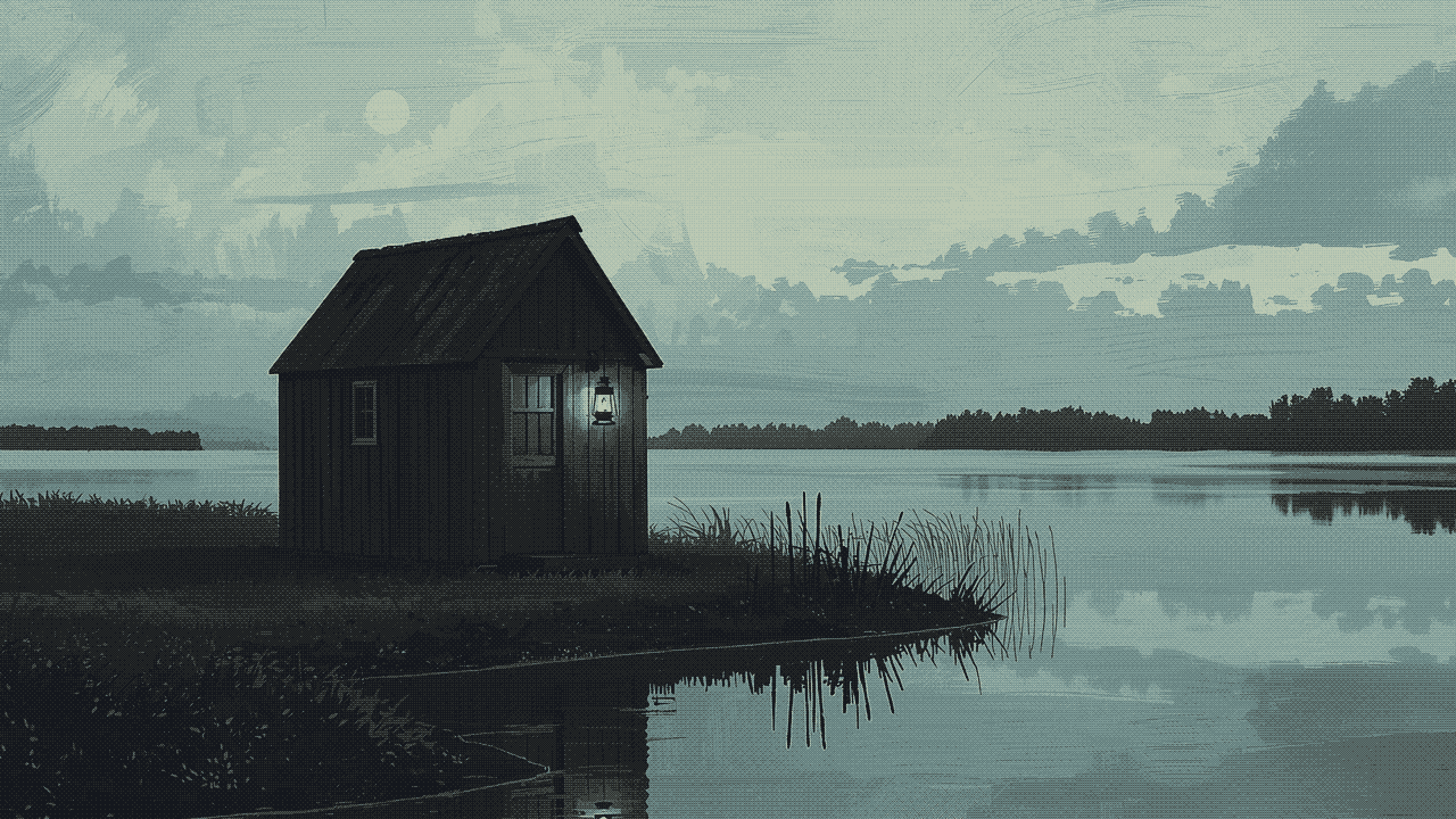A dark wooden hut with one lamp lit at the edge of a still lake