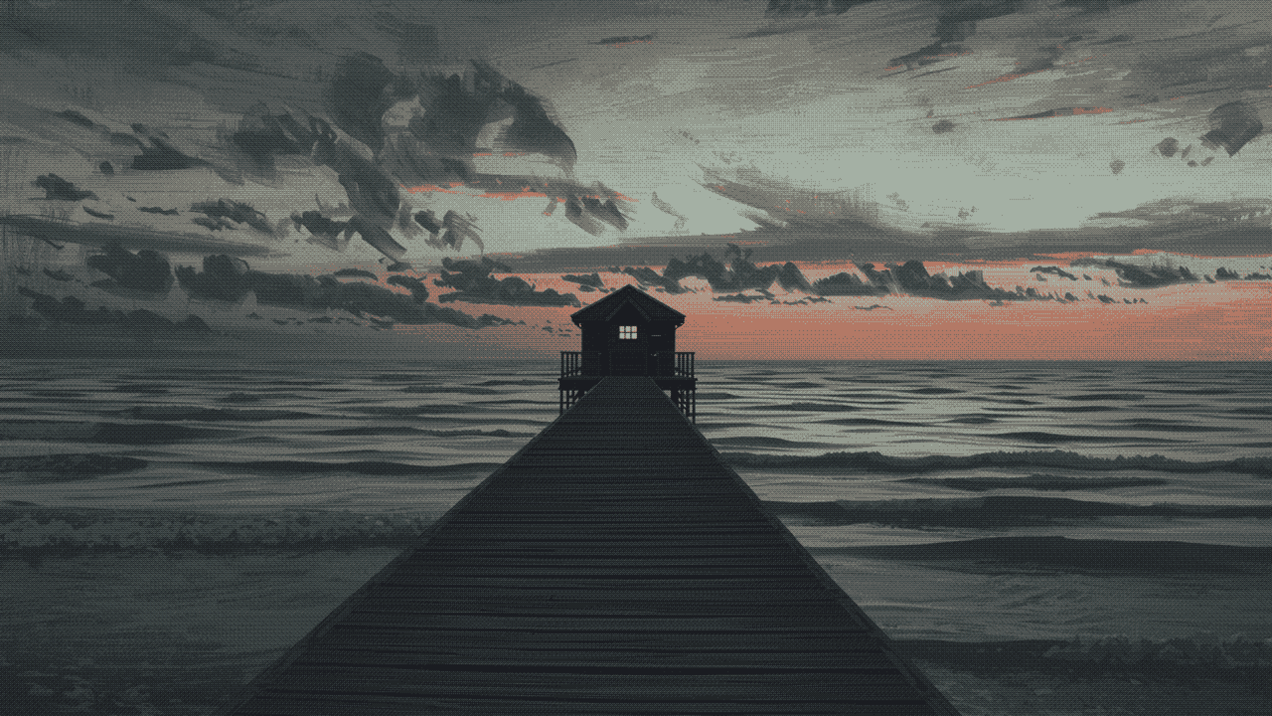 An old wooden pier reaching into a calm sea, its pavilion window lit