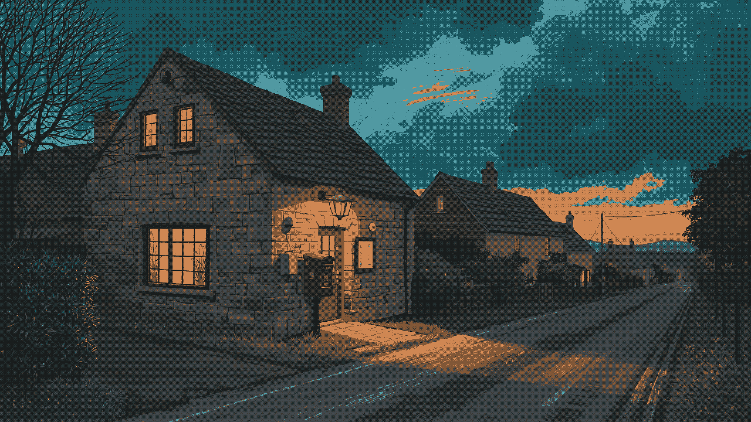 A stone village post office with a glowing window at the end of a lane