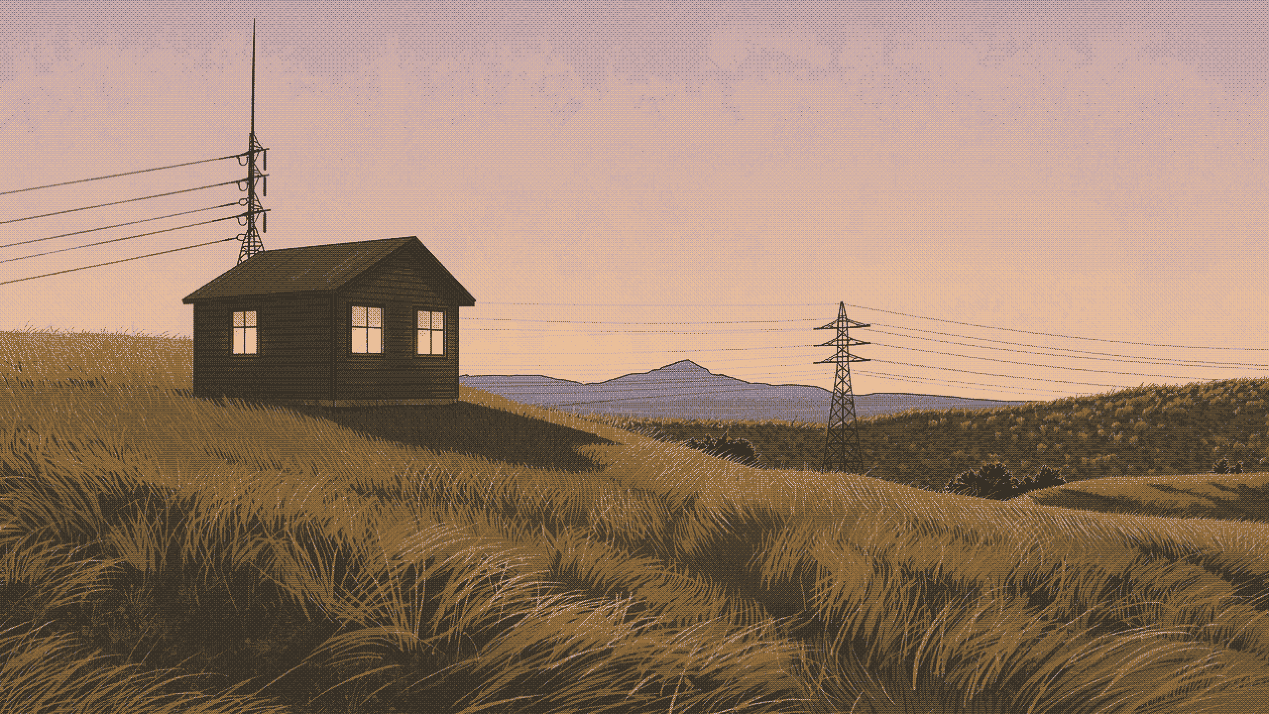 A wooden hut with a radio mast on a hill of golden grass at dusk