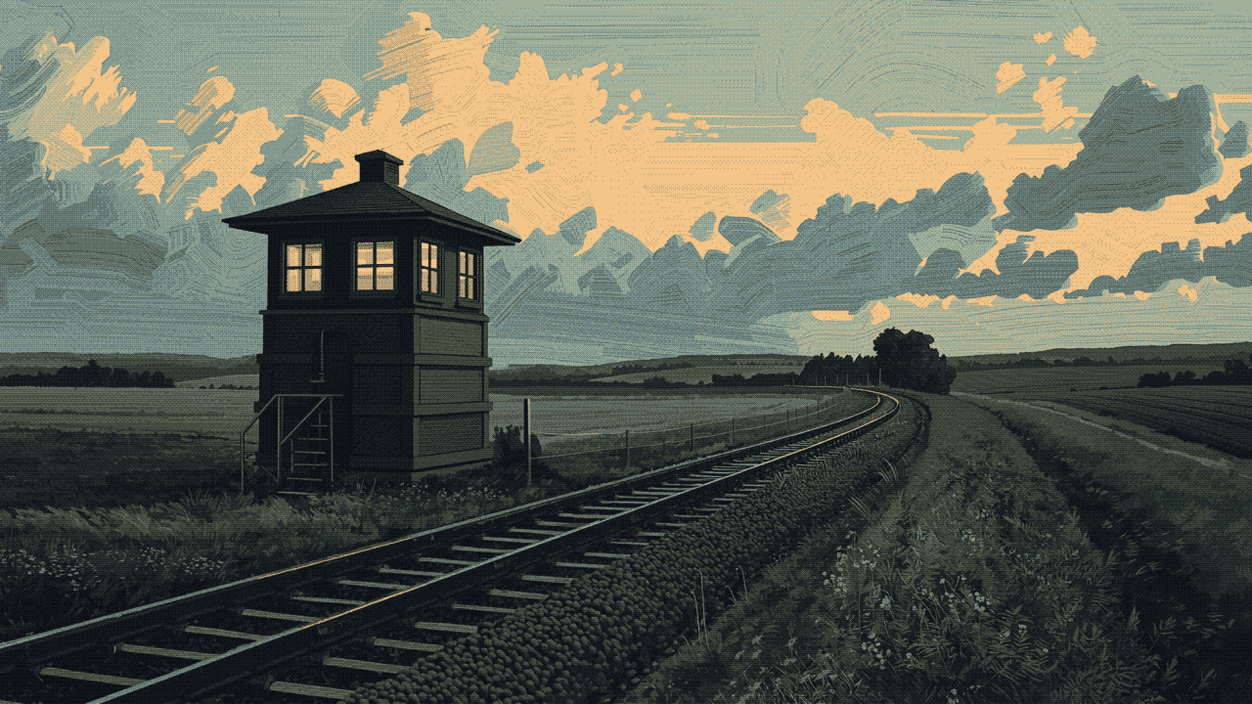 A railway signal box with warm upper windows beside a country line at dusk
