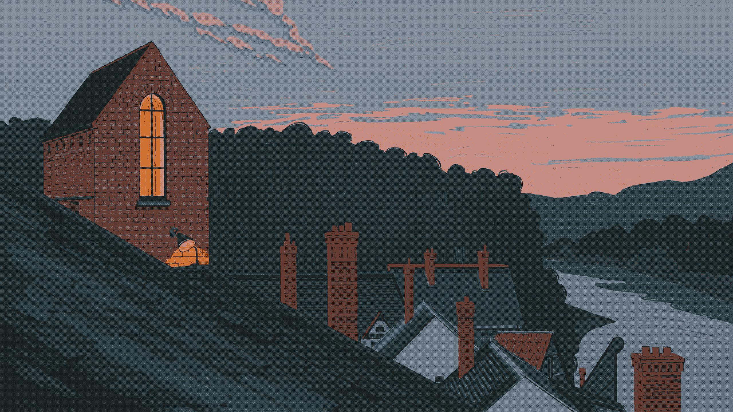 A brick studio with one lit window above a riverside town at dusk