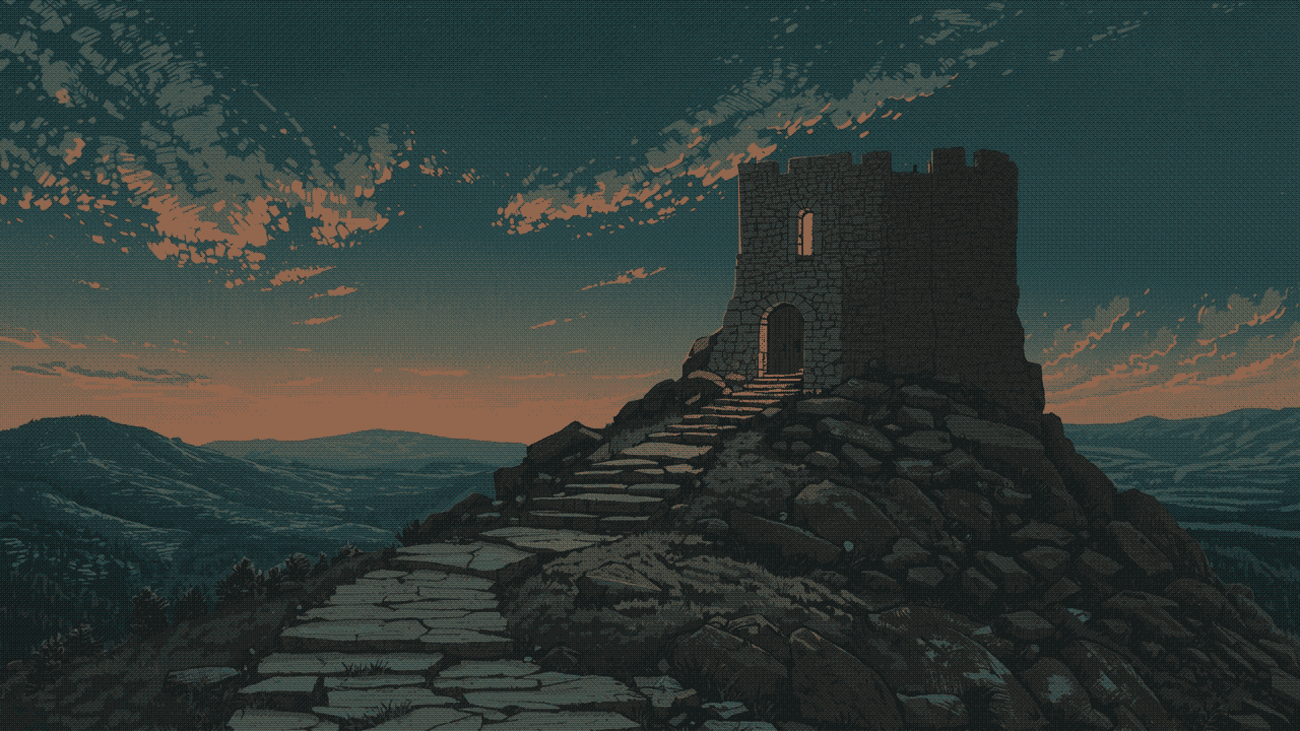 A ruined stone tower at the top of a hill path at dusk