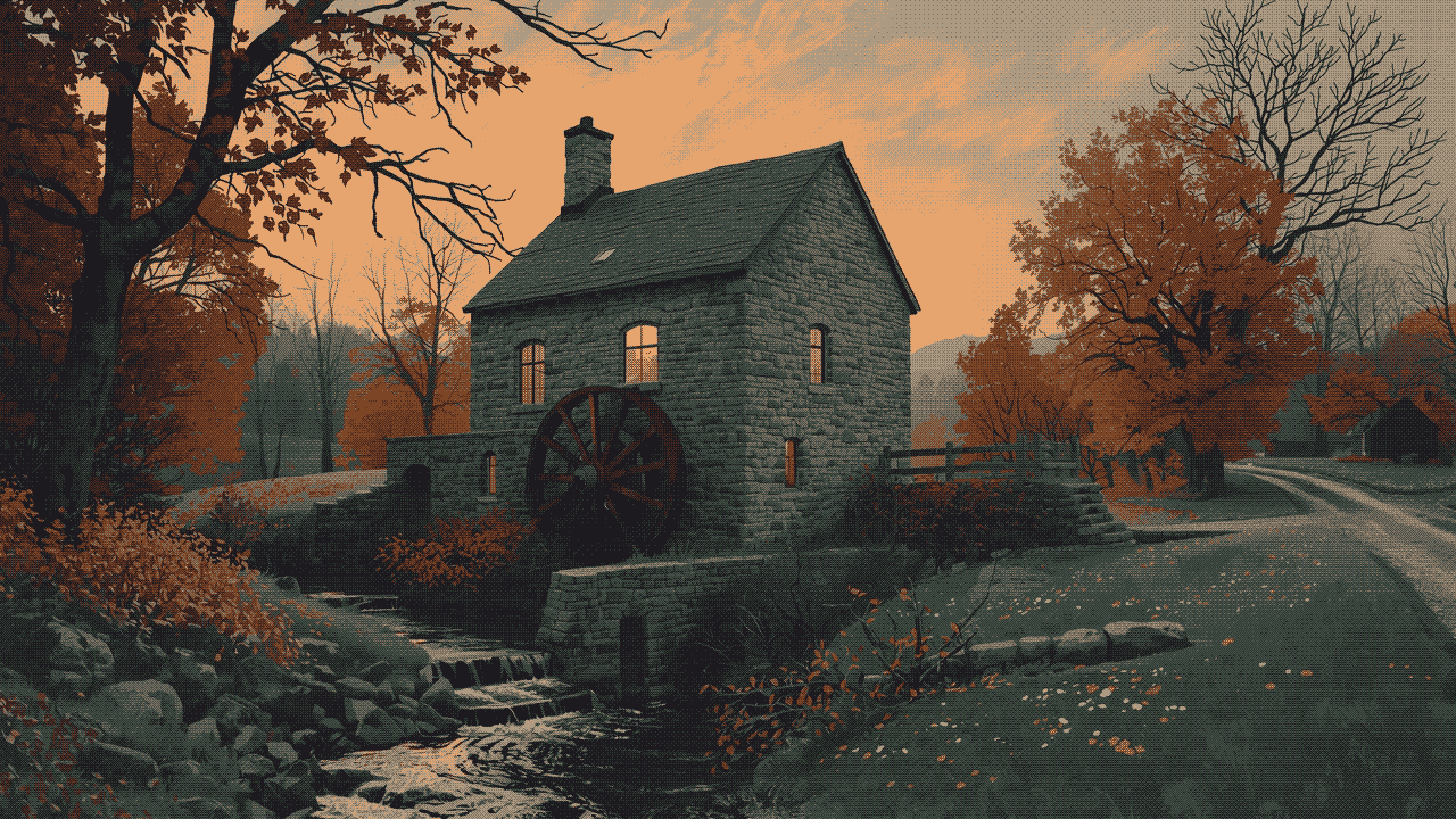 An old stone watermill beside a stream among autumn trees at dusk