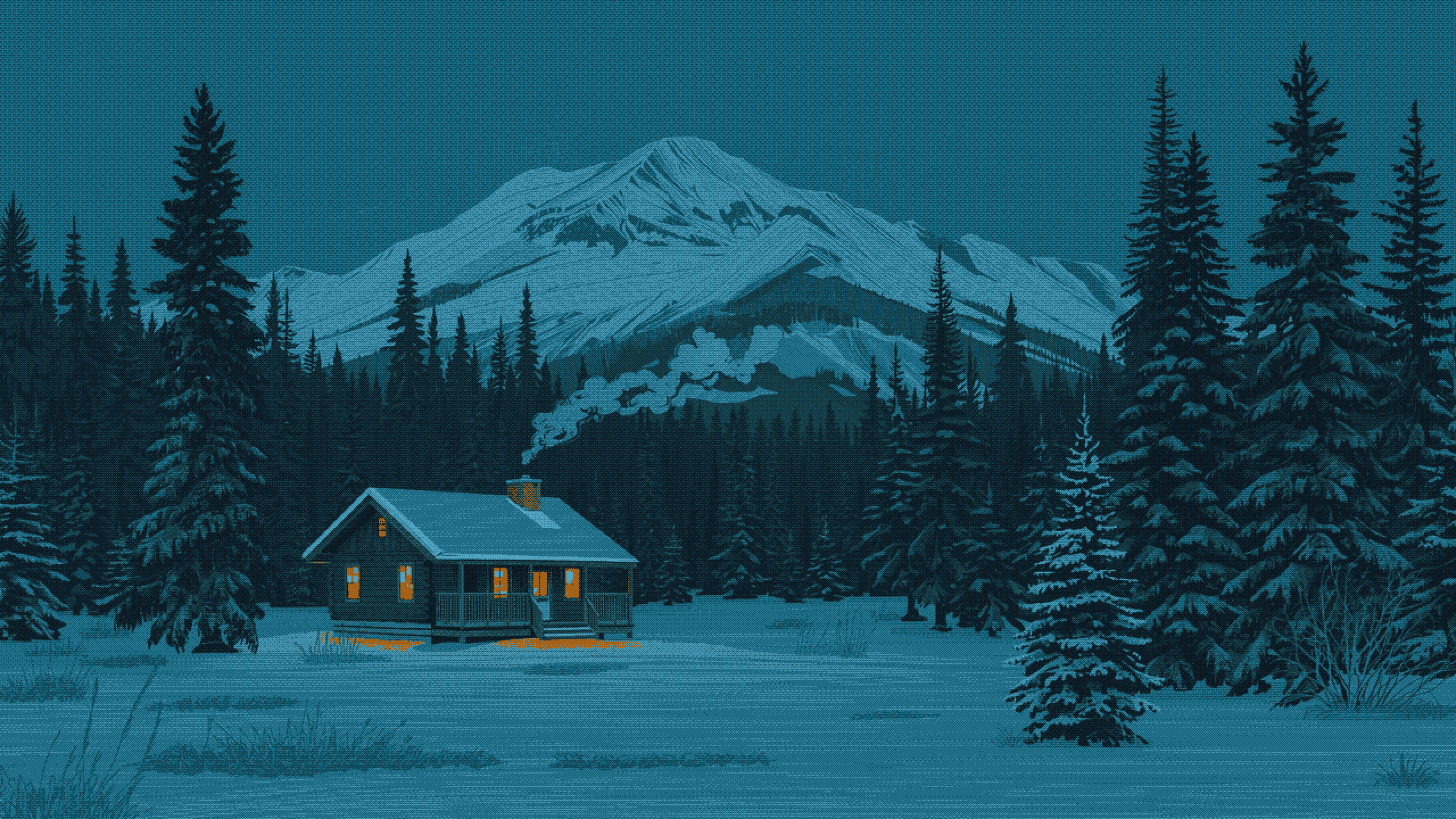 A cabin with warm windows among pines below a snowy mountain